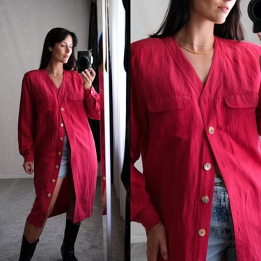 Vintage 80s TESS Fuchsia Pink Silk & Linen Duster Dress w/ Shell Buttons | Silk/Linen Blend | 1980s Designer Minimalist Silk Duster Dress 