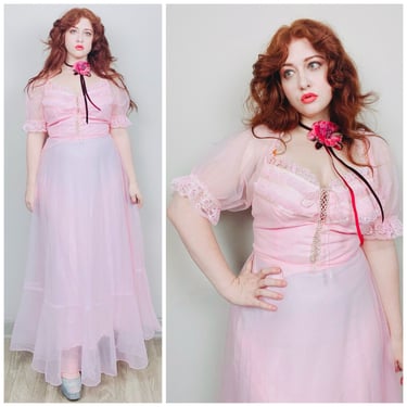1970s Vintage Pastel Pink Nylon Puffed Sleeve Princess Dress / 70s Lace Trim Lace Up Corset Front Prairie Gown / Size Large 