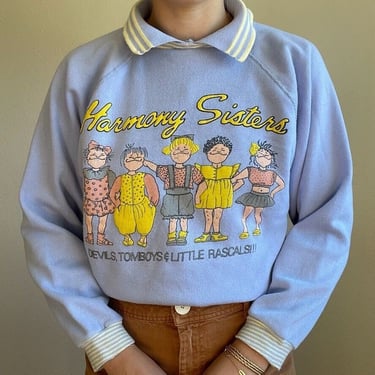 Vintage Womens 80s Graphic Tee Collared Preppy Oversized Sweatshirt Sz M 