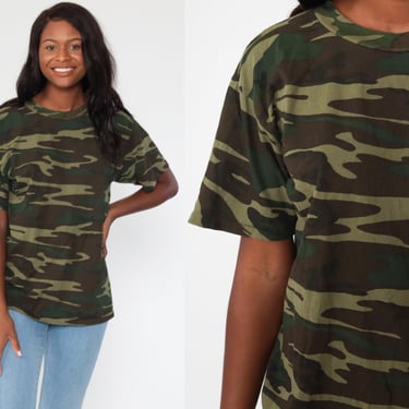 Camo T Shirt Army TShirt CAMOUFLAGE Shirt 80s Ringer Green Hunting Military Tee Green 1980s Retro Tee Vintage Medium Large 