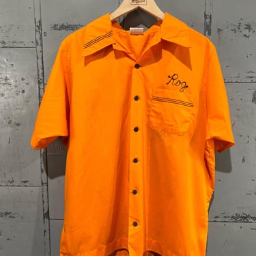 Vintage 70s Orange Chainstitch bowling shirt with embroidered name rog 