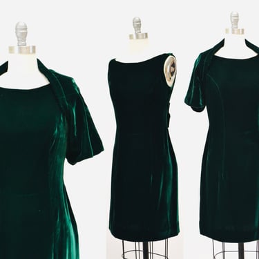 60s 70s Green Velvet Dress and Matching Cropped Jacket Caplet Vintage Green  Velvet Dress XS SMALL Bow Party Dress Dark Green Holiday Party 