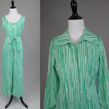 70s Green Striped Jumpsuit w/ Matching Jacket - JC Penney - Zip Front - Polyester - Vintage 1970s - M 