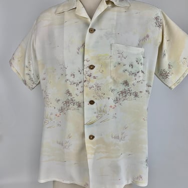 1940's Hawaiian Shirt - IOLANI Label - Soft Rayon Crepe - Light Pastel Colors - Bamboo Leaves - Loop Collar - Coconut Buttons - Size Medium 