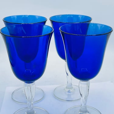 Vintage (4) Wine Glasses set Cobalt Blue with Clear Stems - Nice Condition 