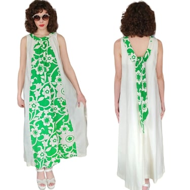 Vintage 70s Tiki Dress Maxi Green White by The Grass Shack 