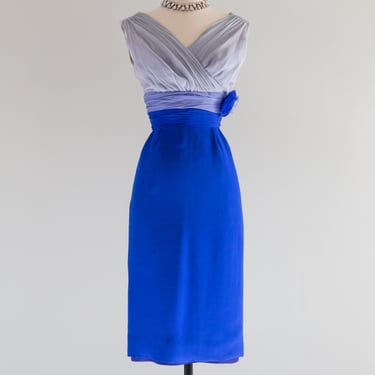 Fabulous 1960's Cobalt Color Block Silk Chiffon Cocktail Dress By Miss Elliette / Waist 26