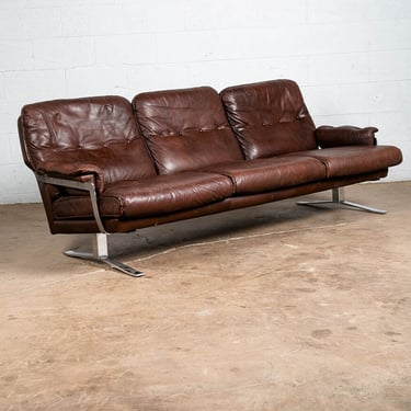 Mid Century Danish Modern Sofa Couch Brown Leather Werner Langenfeld 3 Seat ESA