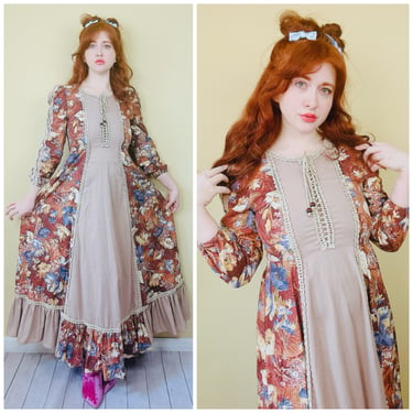 1970s Vintage Homemade Cotton Floral Prairie Dress / 70s / Seventies Medieval Lace Front Autumnal Ruffled Western Dress / Size Large 