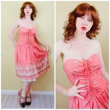 Y2K Vintage Deadstock Pink Cotton Coquette Dress / Strapless Lace Trim Fit and Flare Lolita Dress / Medium 