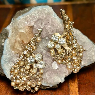 Vintage Rhinestone Earrings Ear Climber Clip On Faux Pearl Mid Century Jewelry 1950s 1960s 