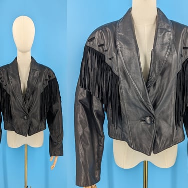 90s American Leather XL Black Leather Cropped Fringed Jacket - Nineites Women's XL Fringe Leather Jacket 