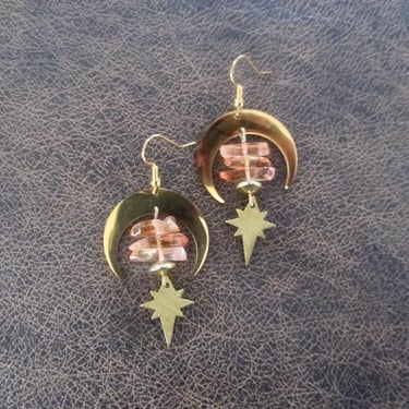 Raw quartz crystal earrings, peach and gold 