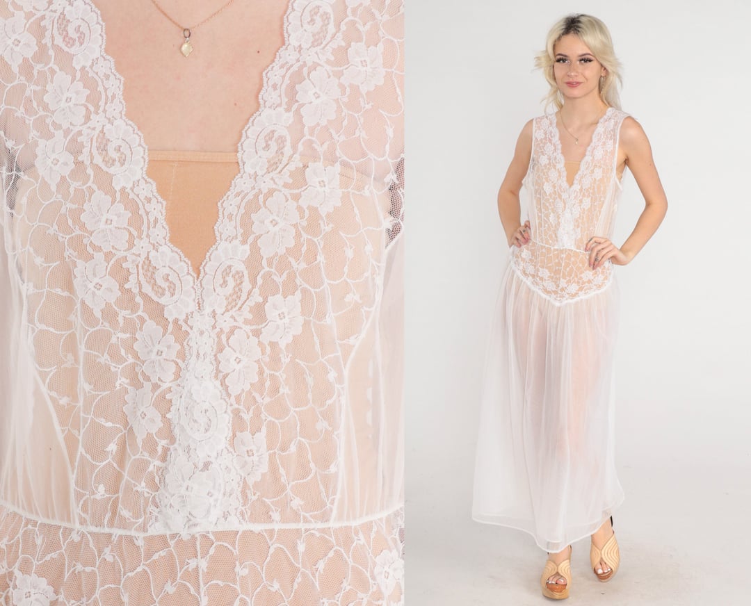 White Lingerie Nightgown 80s Sheer Lace Slip Dress Bridal Nightgown