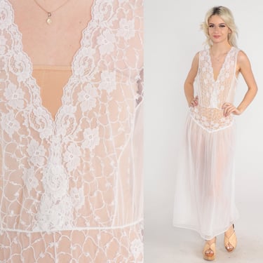 White Lingerie Nightgown 80s Sheer Lace Slip Dress Bridal Nightgown Maxi Wrap Deep V Neck Vintage Boho Sleeveless Romantic Bohemian Medium 