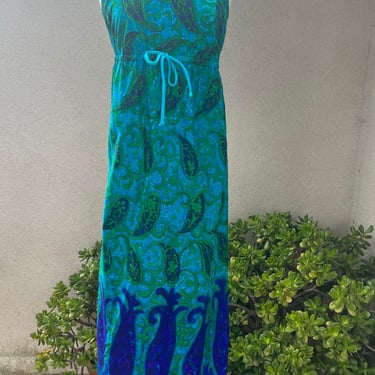 Vintage Hawaiian maxi dress blue green print Sz Small by Kamehameha 