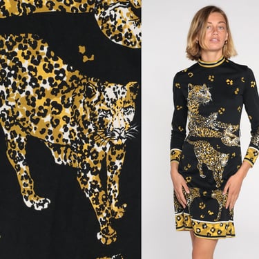 60s Mod Dress Leopard Print Mini Shift Dress Novelty Hippie Vintage 70s Gogo Twiggy Animal Cheetah Dress Minidress Long Sleeve Black Small 