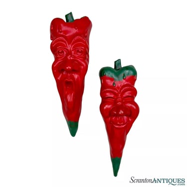 Vintage Oddity Red Chili Pepper Face Chalkware Wall Hanging Sculptures - A Pair
