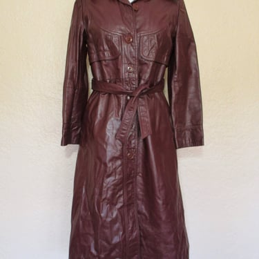 Vintage 1970s Genuine Leather Trench Coat, Cordovan, Reddish Brown Leather, Small Women, quilted lining 
