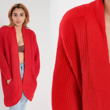 Red Cardigan Sweater 80s Wool Blend Sweater Vintage Hippie Knit Open Front Wrap Sweater Ribbed 1980s Plain Pocket Sweater Medium Large 