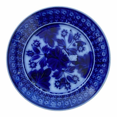 Vintage blue flow blue ceramic plate by Societe Ceramique. Made in Holland, earthenware pottery, Delftware in deep cobalt blue floral 
