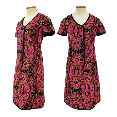 Vtg 60s 70s Woven Knit Bright Pink Psychedelic Psych Print Mini Shift Dress 