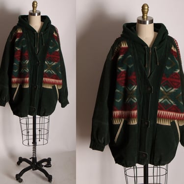 1980s Green Suede Leather and Flannel Southwestern Long Sleeve Metal Snap Zippered Coat by Authentic Winlit 1969 -XL 