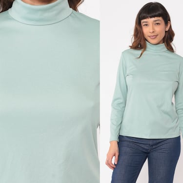 Seafoam Turtleneck Shirt 70s Long Sleeve Top Muted Blue-Green Basic Simple Plain Blouse Mod Retro Layering Fall Vintage 1970s Small Medium 