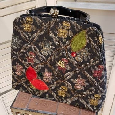 Vintage 50s Kitchy Cute Bag Bl/gold/Red/Green  Purse 