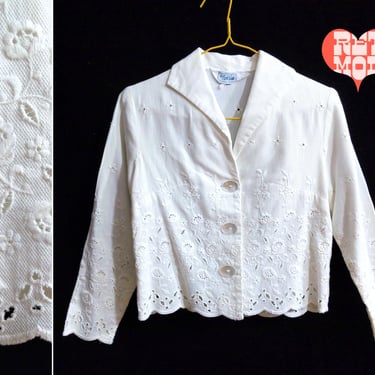 JUNIOR / TEEN SIZE - Vintage 60s White Cotton Embroidery Lacy Trim Carol Brent Cotton Jacket Top 