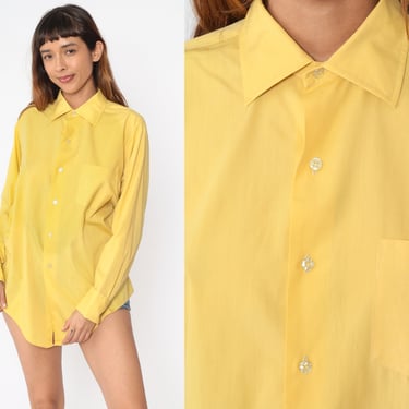 Yellow Button Up Shirt 70s Pointed Collar Top Long Sleeve Retro Disco Shirt Collared Plain Pocket Vintage 1970s Men's Extra Large xl 