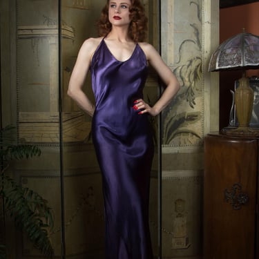 1930s Silk - Dramatic Vintage 30s Purple Bias Cut Silk Slip with Halter Straps and Low Back 