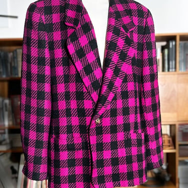 80s Vintage Paul Stanley Fuchsia Pink HUGE CHECK print Womens Blazer Wool Jacket 
