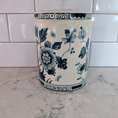 Vintage Holland Delft Blue Floral Lidded Tin Canister Made in England 