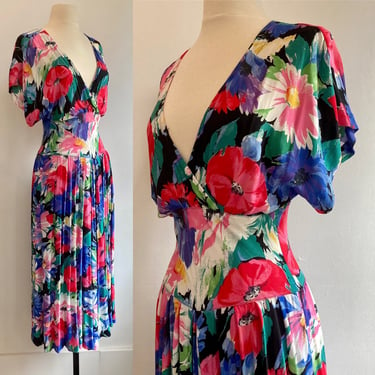 Beautiful Vintage 80s Does 30s 40s Rayon Dress / Corset Waist + Pockets + Back Buttons 
