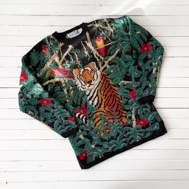Northern Isles sweater | 80s 90s vintage tiger jungle bird art to wear hand knit streetwear aesthetic sweater 