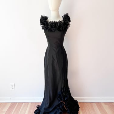 SIZE XXS / XS Black Ruffle Sleeve Dress - 1970s Shay Phoenix Solid Black Dress Satin Ruffle Shoulders Black Tie Gown 