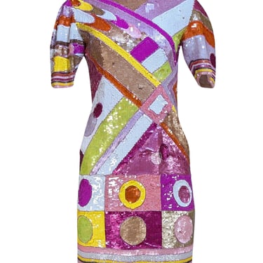 Vintage - Pink & Multi Color Sequin Short Sleeve Dress Sz M