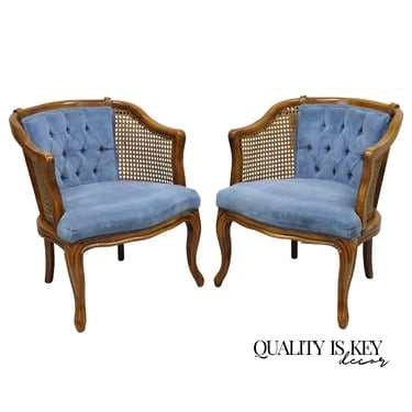 Vintage Hollywood Regency Cane Barrel Back Blue Club Lounge Chairs - a Pair