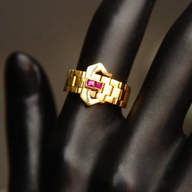 Vintage 14K Yellow Gold Ruby Accent Belt Ring, 6mm Articulated Gold Link Ring Band, Jeweled Belt Buckle, Emerald Cut Stones, Size 6 3/4 US 