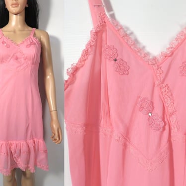 Vintage 60s Hot Pink Ruffle Lacey Slip Dress With Mounted Rhinestones Made In USA Size S 