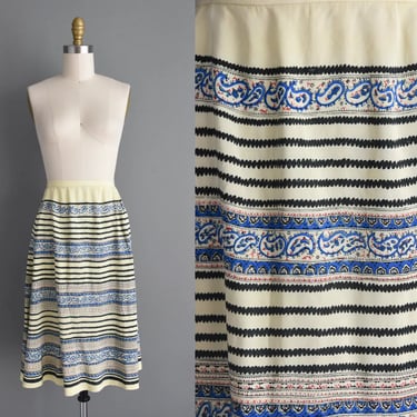 1950s vintage Skirt | Blue & Black Paisley Print Rayon Skirt | Small | 50s Skirt 