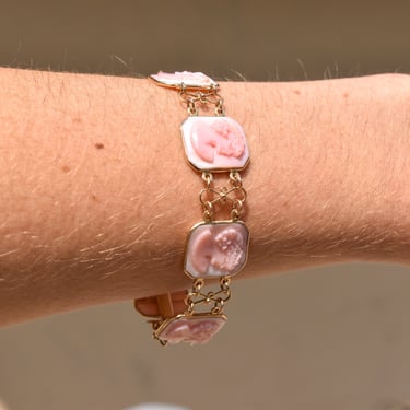 Italian 14K Pink Signed Cameo Link Bracelet, M+M SCOGNAMIGLIO, Estate Jewelry, 7 1/4