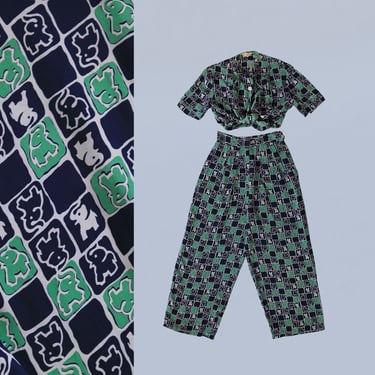 1940s Pajamas / 40s ELEPHANT Novelty Print Cold Rayon Pants and Blouse Set / Textron 