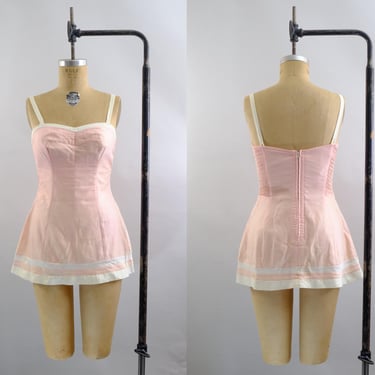 50s Pink Swimdress – S/M - Vintage One Piece Retro Swimsuit - Bathing Suit Beauty 