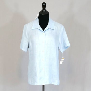 Vintage NWT Light Blue Linen Blouse - Embroidery, Subtle Lace Trim - Talbots Deadstock Shirt Top - Button Front - M 