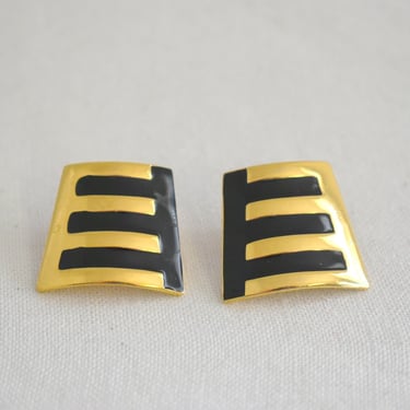 1980s Black and Gold Geometric Pierced Earrings 