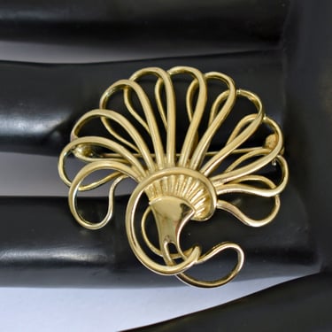 50's open work sterling vermeil abstract fan brooch, gold wash 925 silver ostrich feathers fan pin 