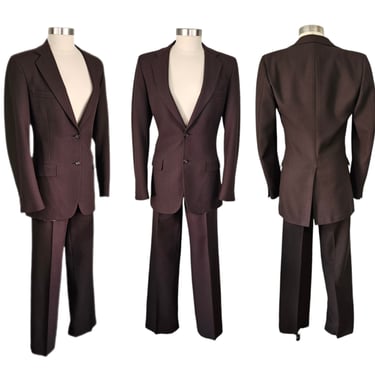 1970's Dark Brown Poly Knit Slim Fit 2 Pc Two Button Suit I Blazer I Jacket I Sz 38" L 