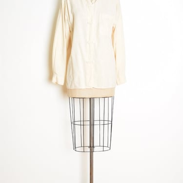vintage 90s top cream silk button up shirt blouse neutral basic simple M L clothing 